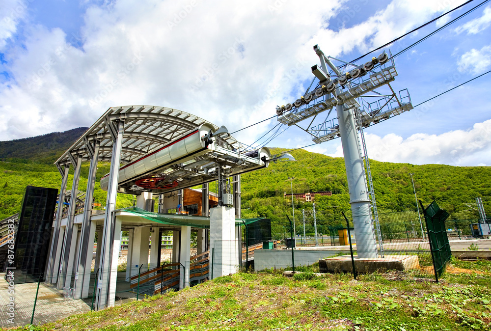 Lower station of ski lifts in the mountain resort