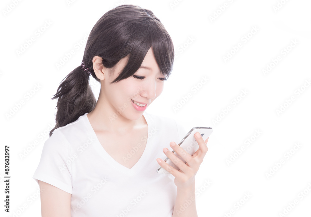 Happy college girl holding up smart phone Happy college girl holding up smart phone