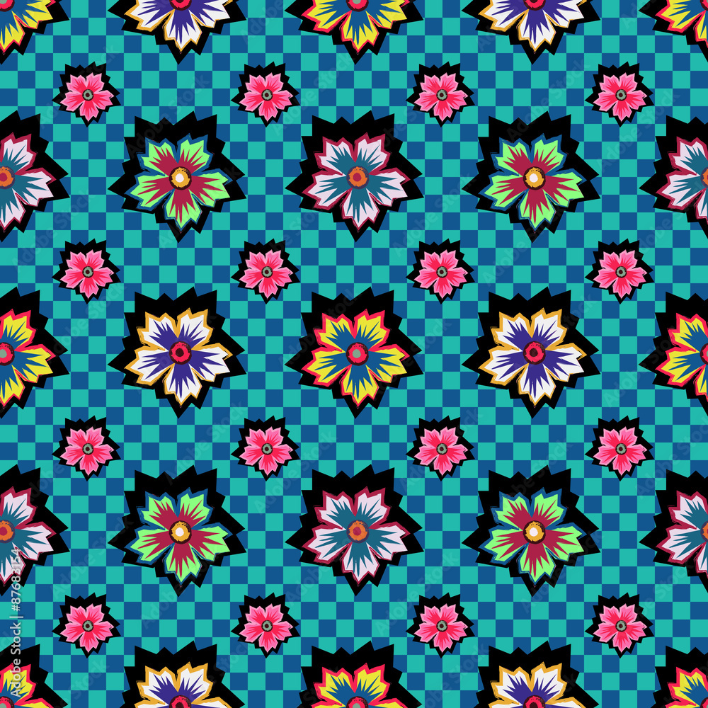 Retro exotic colorful flowers on blue checkered background pattern Retro exotic colorful flowers on blue checkered background pattern