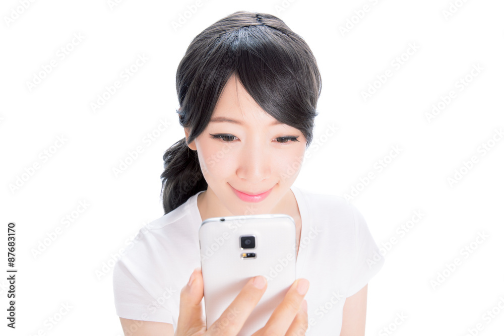 Happy college girl holding up smart phone Happy college girl holding up smart phone
