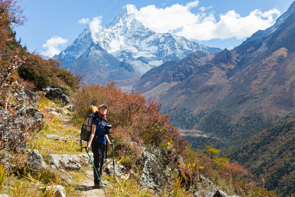Woman backpacker standing in front Ama Dablam mountain.