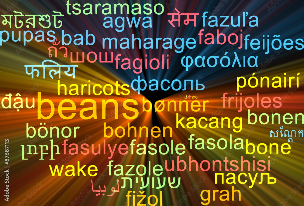 Beans multilanguage wordcloud background concept glowing