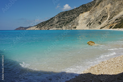 Blue water of beautiful Myrtos beach, Kefalonia, Ionian islands, Greece