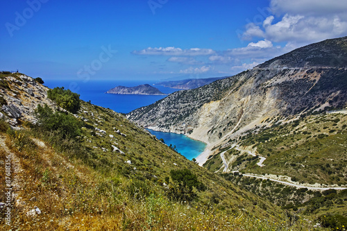 Panoramic View of beautiful Myrtos beach  Kefalonia  Ionian islands  Greece