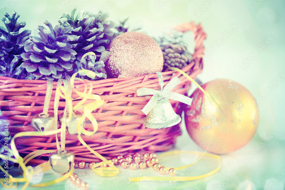 Pine Cones, Bells and Christmas Balls in the Basket Pine Cones, Bells and Christmas Balls in the Basket