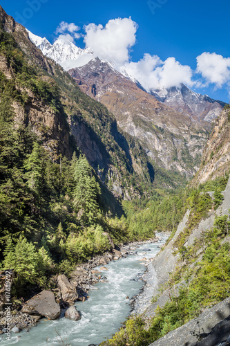 River coming through the valley between great mountains