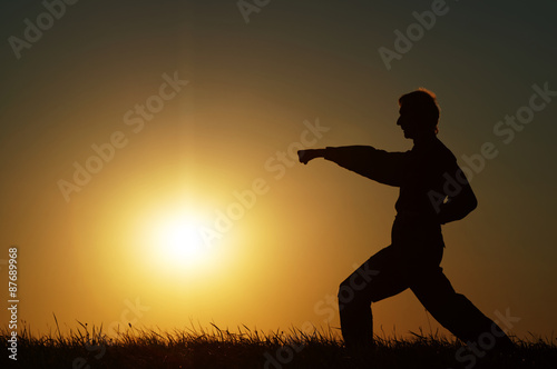 Silhouette of man in karate exercises on a grassy horizon at sunset. Strike hands gyaku cuki.