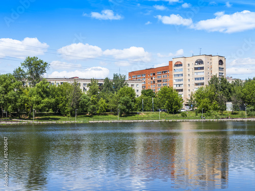 PUSHKINO, RUSSIA. A recreation area and houses near the lake photo