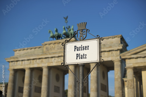 Pariser Platz sign and Brandeburg Gate (Brandenburger Tor), Berlin, Germany, Europe photo