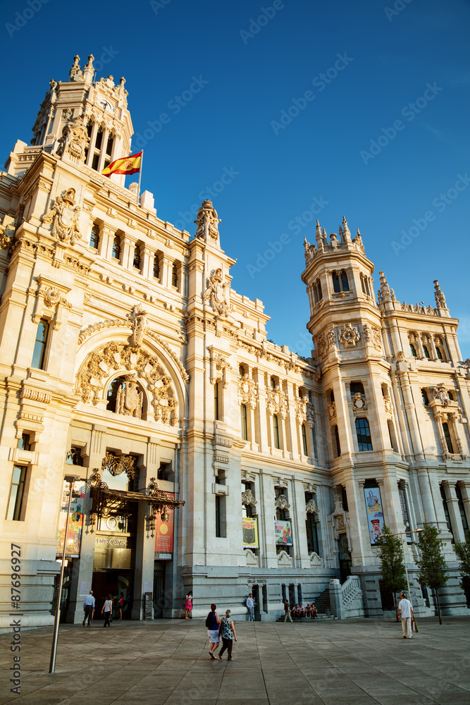Side view of main entrance to the Cybele Palace in Madrid, Spain