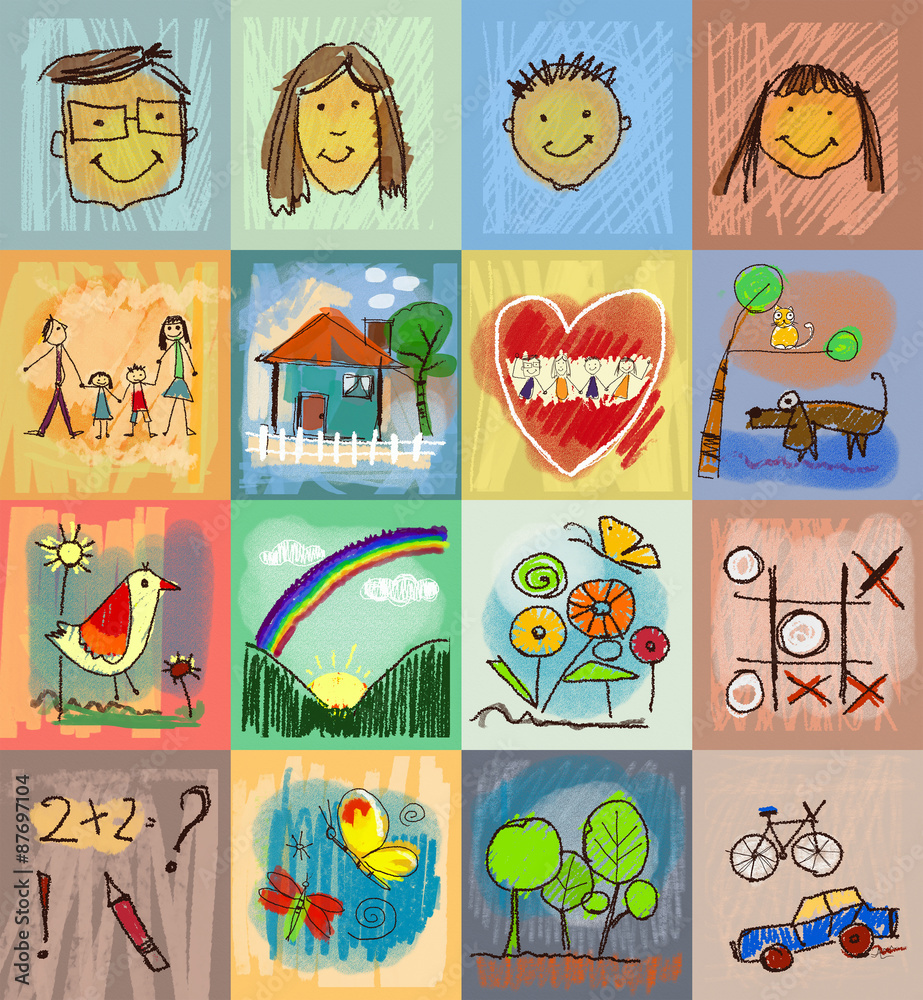 Collection of cute drawings of kids, Children's Drawing Styles. Multicolored symbols set with human family, animals, nature, objects on colorful background. Happy family concept