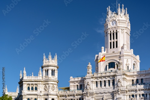 Clock tower of the Cybele Palace (Palacio de Cibeles) in Madrid