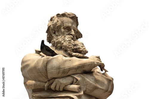 Venetian statue with beard face closeup with dove on hands isola