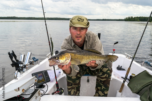 Angler with big walleye fishing trophy