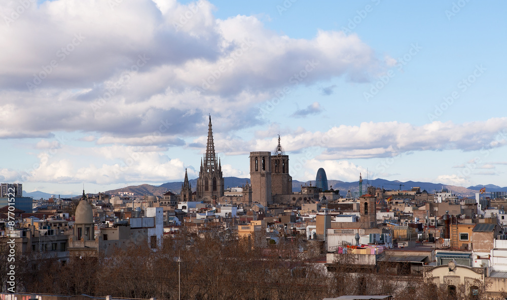 Barcelona Skyline, including Cathedral and Torre Agbar.