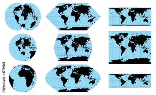 Vector outline world maps in different projections 