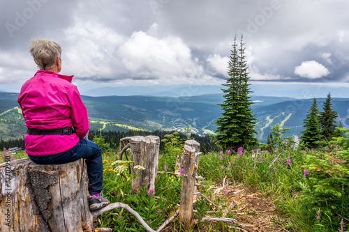 A woman resting on a tree stump during a hike to the top of Tod Mountain in the Sushwap Highlands and part of the Sun Peaks ski resort in central British Columbia photo
