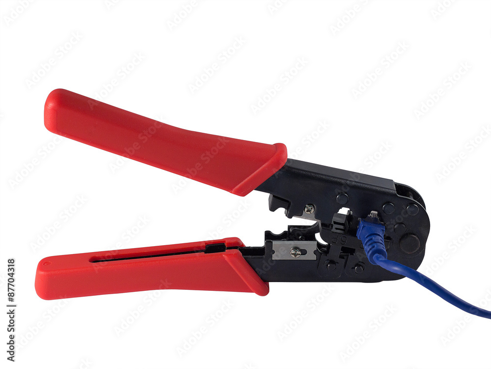 Isolated crimping pliers whith red handle and blue cord on white background Isolated crimping pliers whith red handle and blue cord on white background