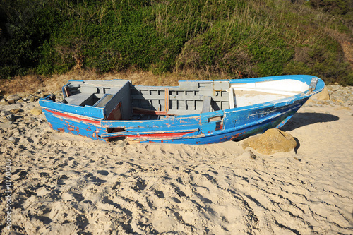 Boat wrecked on the sea shore, immigration, Strait of Gibraltar, southern Europe