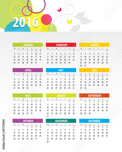 Colorful 2016 Calendar. Vector graphic template.
