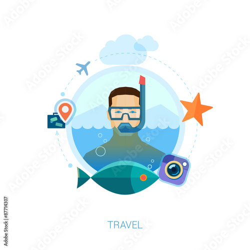Travel on the sea flat icons illustration