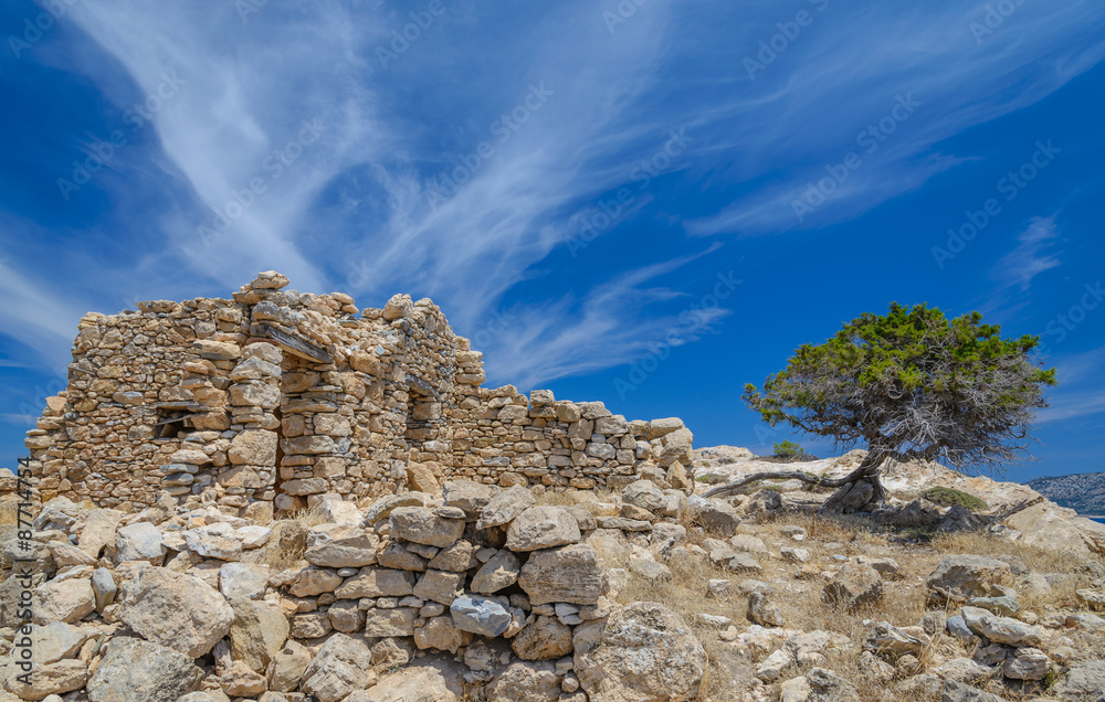 Ruins of old house on Kato Koufonisi island, small cyclades, Greece
