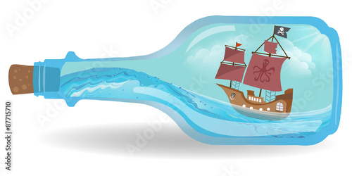 Pirat boat in a bottle isolated on white
