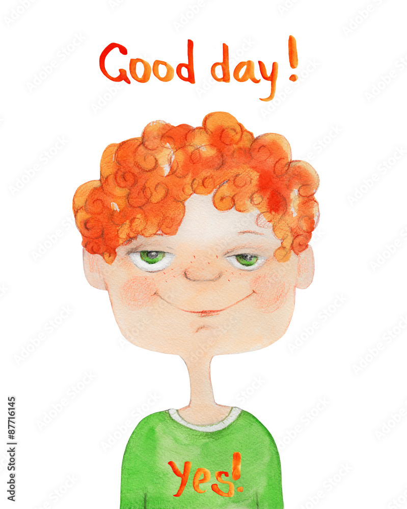 Boy Portrait with red curly hair. Watercolor Stock Illustration | Adobe  Stock