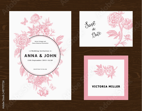 Wedding set. Menu, save the date, guest card. Pink flowers peonies. Vintage vector illustration.