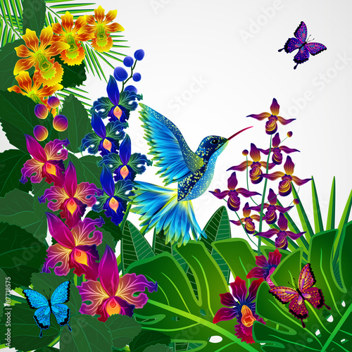 Fototapeta Naklejka Na Ścianę i Meble -  Floral design background. Tropical orchid flowers, birds.