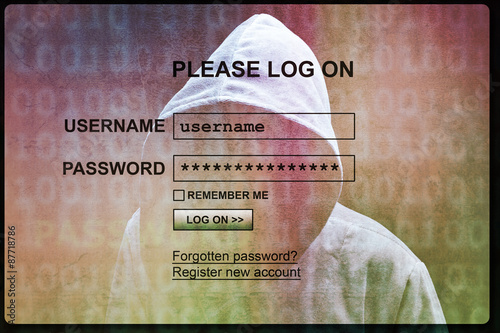 Internet login screen with silhouette of a hacker