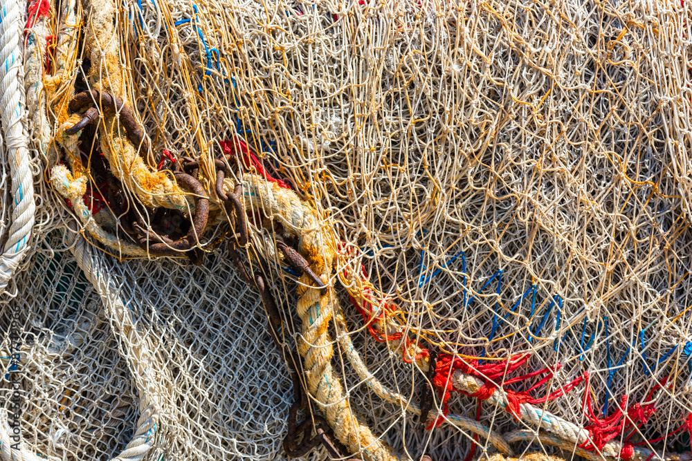 Old color fishing nets and ropes