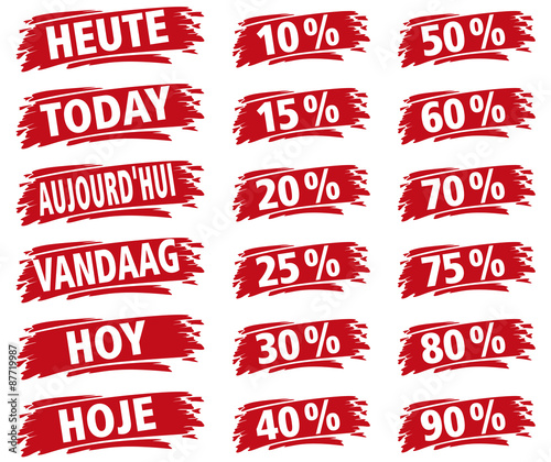 Heute Prozente in 6 Sprachen (DE, GB, FR, NL, ES, PT) und ein Prozente-Piktogramm in 12 abgestuften Prozentwerten auf rotem Wischer 