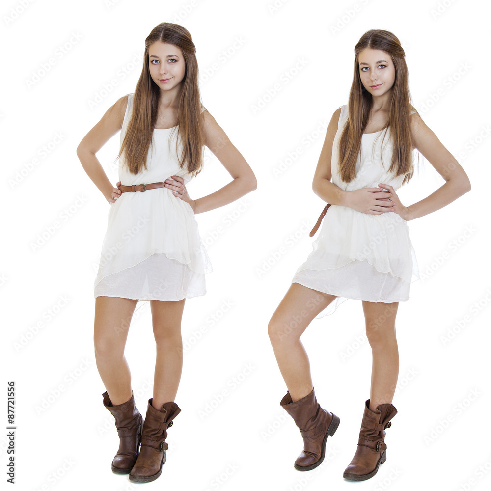 Fashion beautiful girls with modern white dress posing in studi Fashion beautiful girls with modern white dress posing in studi