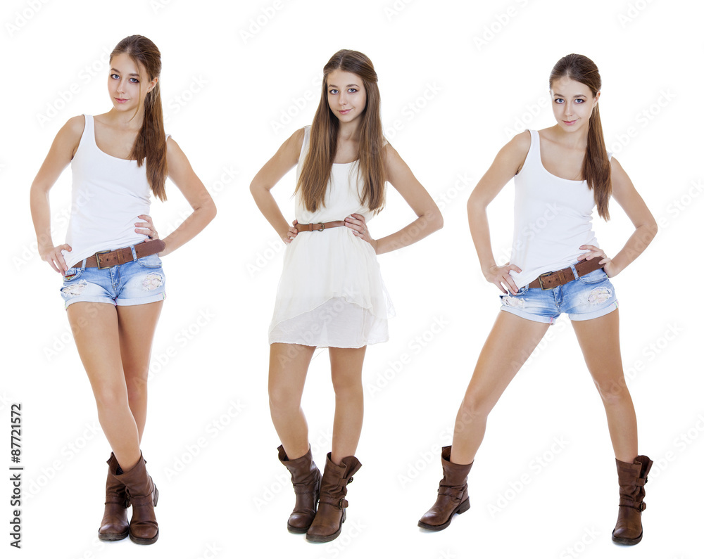 Portrait in full growth the young girls in blue jeans short Portrait in full growth the young girls in blue jeans short