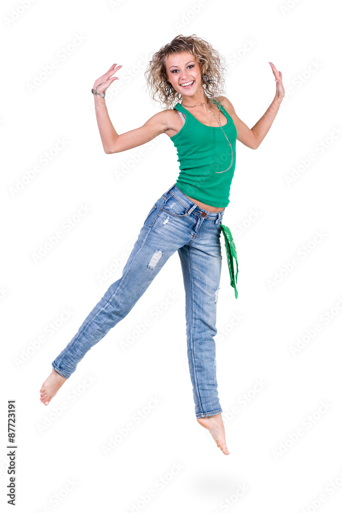 young dancer woman jumping against white background young dancer woman jumping against white background