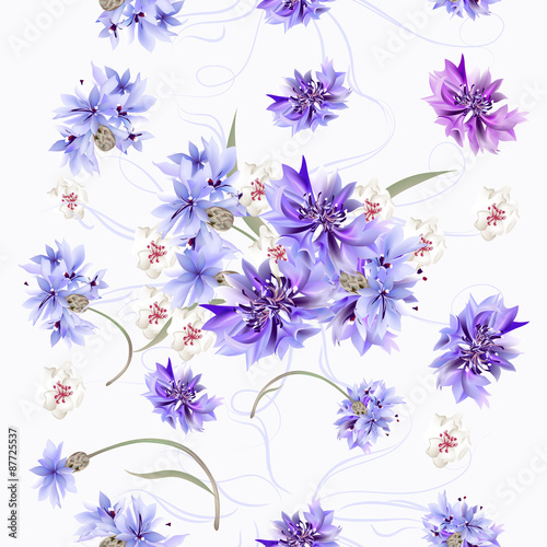 Floral seamless wallpaper pattern with blue cornflowers
