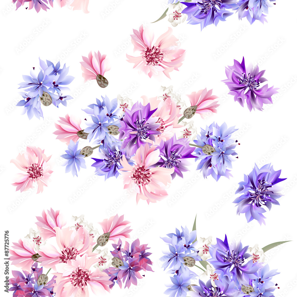 seamless wallpaper pattern with blue, pink and purple cornflower