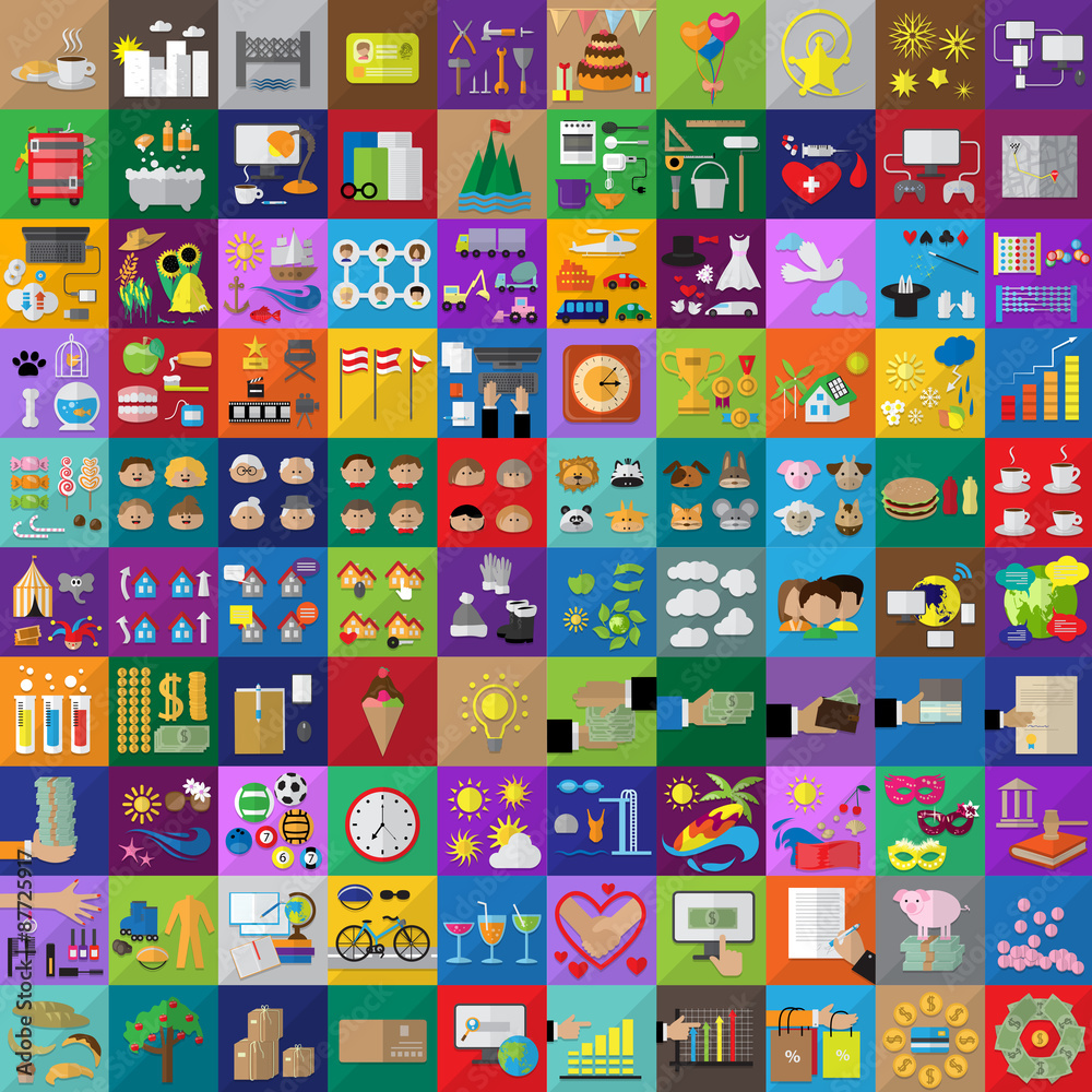 Flat Icons Set: Vector Illustration, Graphic Design. Collection Of Colorful Icons. For Web, Websites, Print, Presentation Templates, Promotional, Mobile Applications And Promotional Materials Flat Icons Set: Vector Illustration, Graphic Design. Collection Of Colorful Icons. For Web, Websites, Print, Presentation Templates, Promotional, Mobile Applications And Promotional Materials