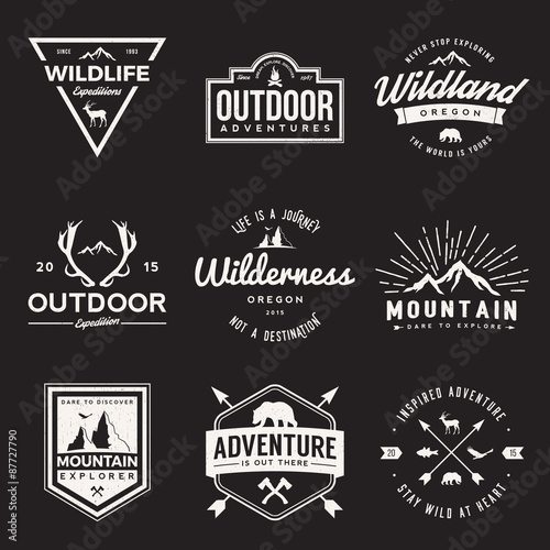 vector set of wilderness and nature exploration vintage  logos, emblems, silhouettes and design elements. outdoor activity symbols with grunge textures