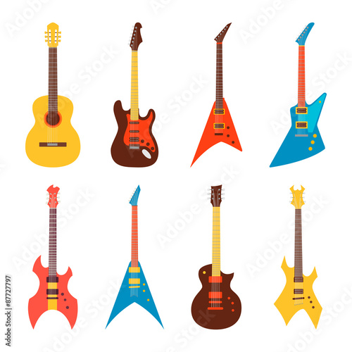 Fotografija acoustic and electric guitars set. flat style vector illustration