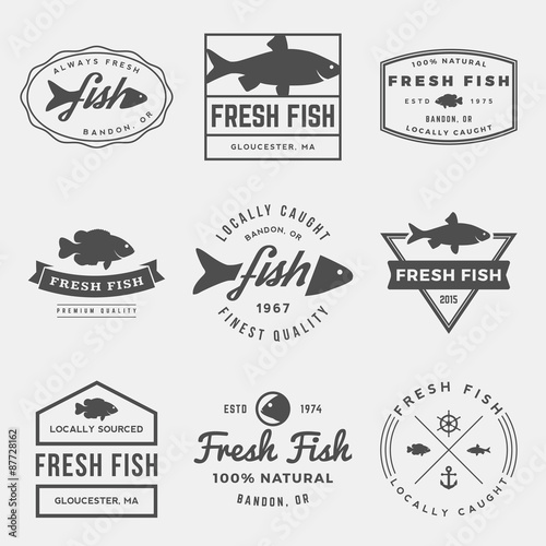 vector set of fresh fish labels, badges and design elements