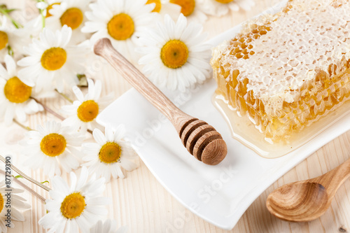 Honey comb and chamomile flowers