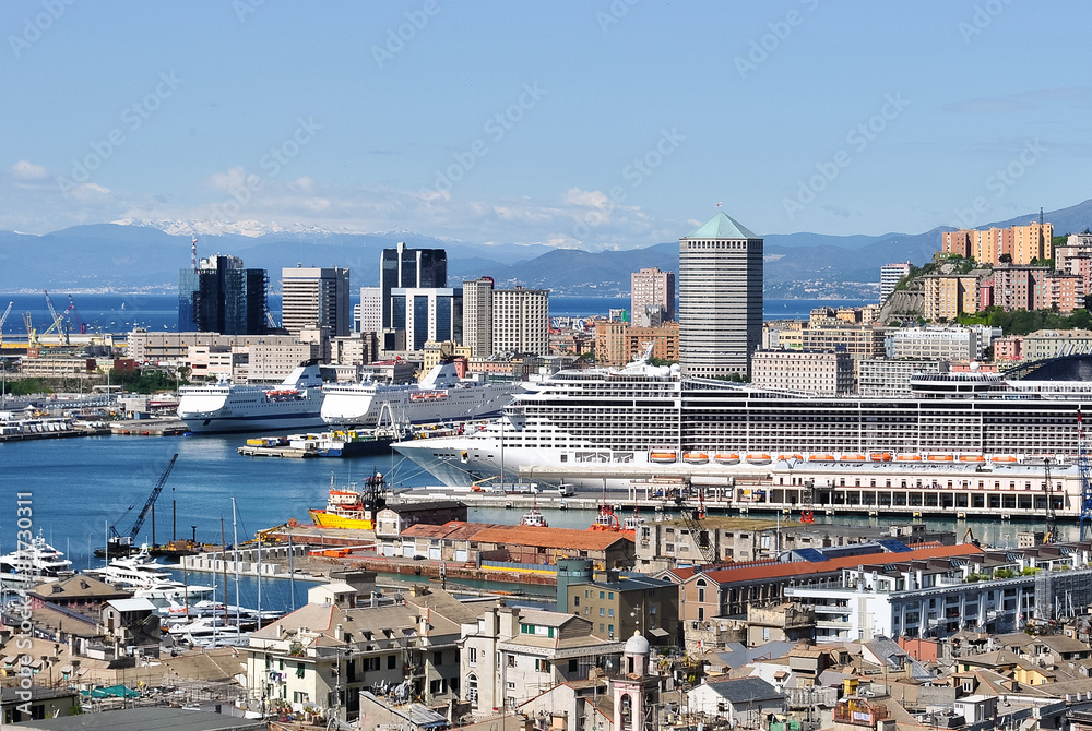 Panoramic view of the harbor and the skyscrapers of Genoa