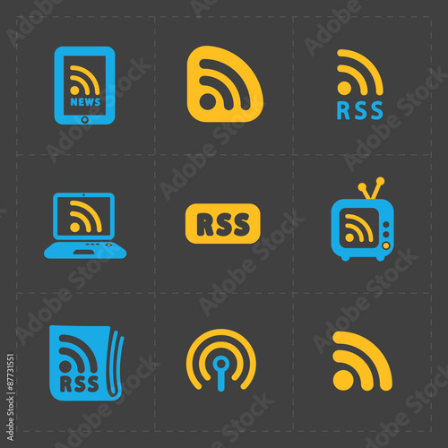 RSS sign icons. RSS feed symbols on Black Background.