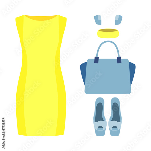 Set of trendy women's clothes with yellow dress and accessories