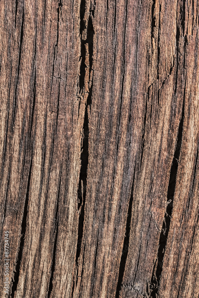 Obraz premium Old Weathered Rotten Cracked Square Timber Bollard Bituminous Surface Texture.