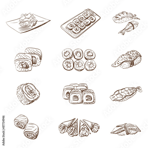 Hand drawn set with sushi rolls sashimi