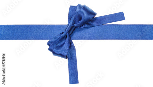 Turned blue bow on ribbon with square cut ends