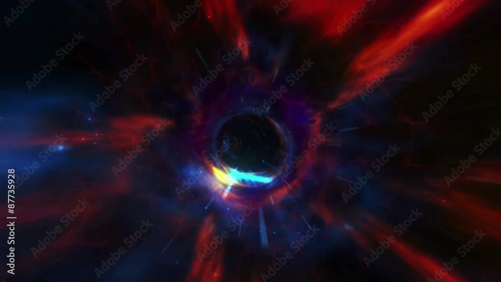 This high quality HD clip represents travel through a deep red wormhole, or some other kind of spatial anomaly.